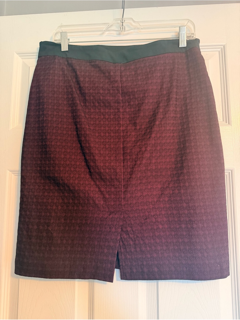 Margaret M Burgundy Patterned Pencil Skirt with Black Waistband